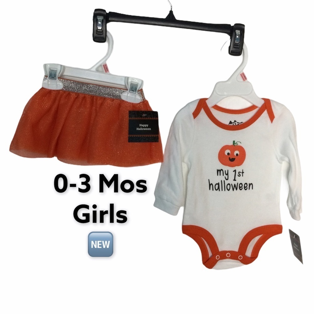 Baby Girl Halloween 0/3 Mo Onesie & Skirt Orange Tutu White Orange Black NWT